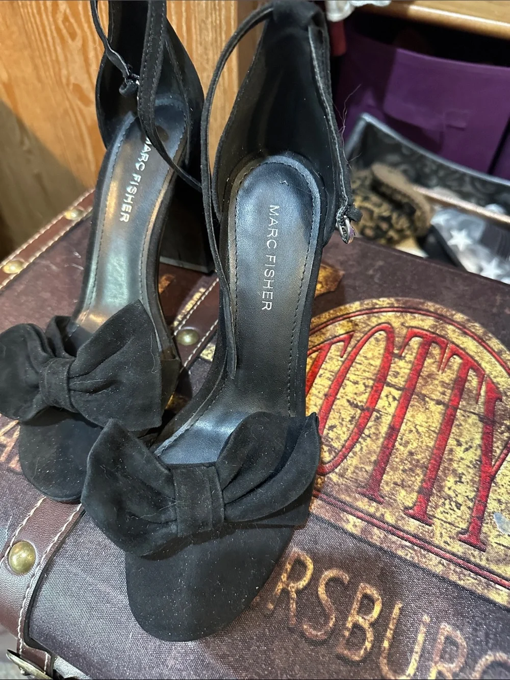 Marc Fisher Black Suede Bow Block-Heel Sandals with Ankle Strap - Picture 3 of 5